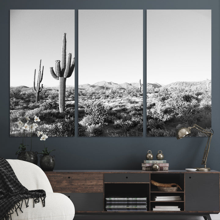 Saguaro Cactus Wall Art Canvas Print, Monochrome Landscape Print, Framed Scenic Arizona Art Print, Large Timeless Western Aesthetic Printing