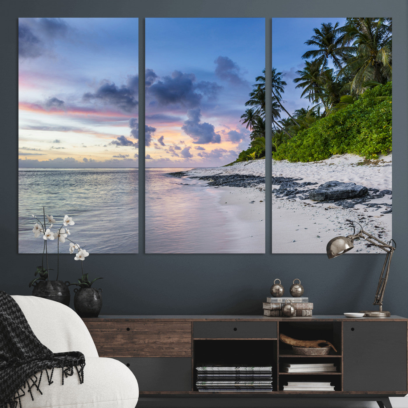 MGV-CV-48X32-3P - Tropical Beach Wall Art Canvas Print, Framed Sunset Glow Art Picture Print, Palm Tree Coast Perfect Tropical Coastal Decor Artwork