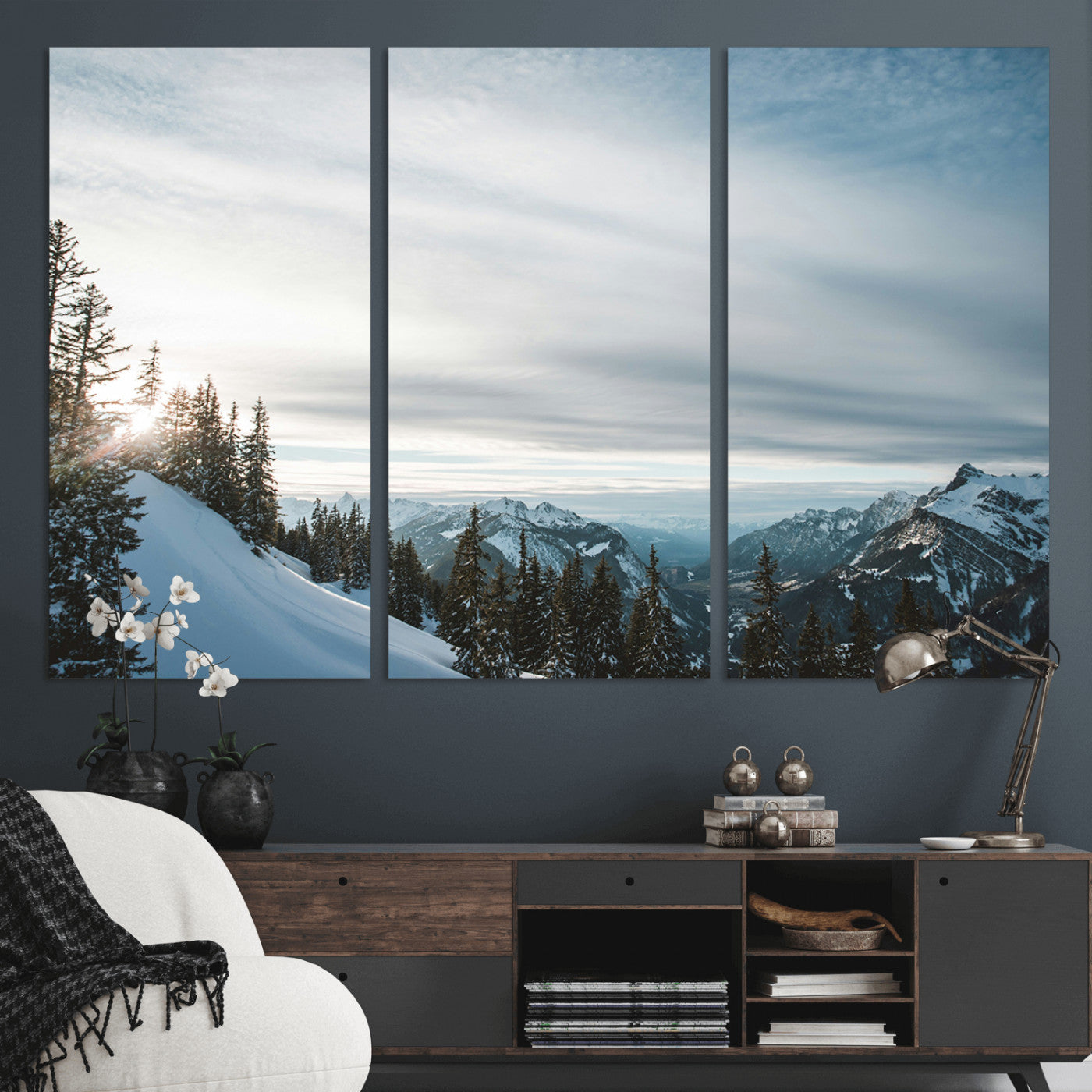 MGV-CV-48X32-3P - Snowy Mountains Wall Art Canvas Print, Framed Alpine Landscape Art Picture Print, Frosty Peaks Perfect Nordic Minimalist Decor Artwork