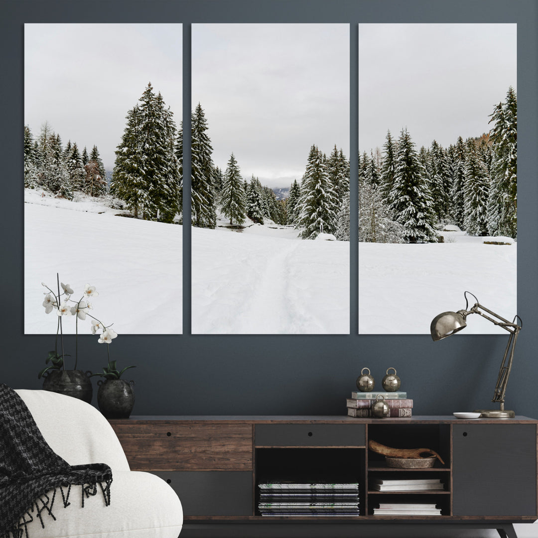 Frosty Pines Wall Art Canvas Print, Silent Snowfall Print, Framed Cozy Cabin Vibes Art Print, Large Rustic Woodland Escape Printing