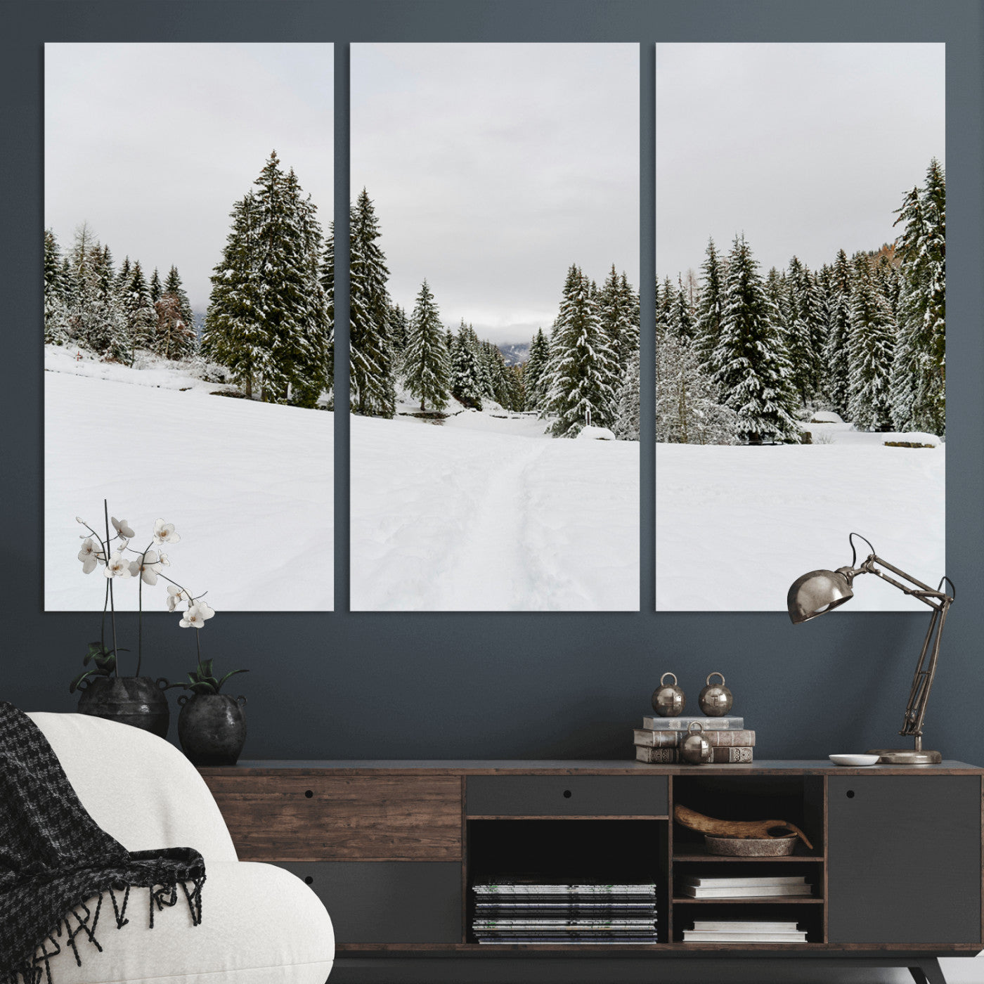 MGV-CV-48X32-3P - Frosty Pines Wall Art Canvas Print, Framed Silent Snowfall Art Picture Print, Cozy Cabin Vibes Perfect Nordic Minimalist Decor Artwork