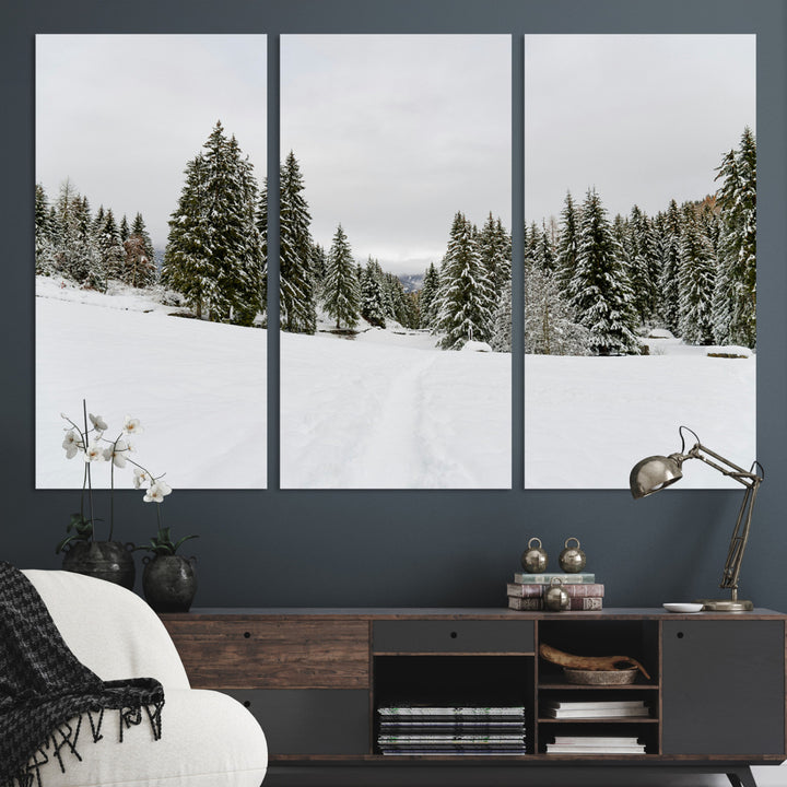 Frosty Pines Wall Art Canvas Print, Silent Snowfall Print, Framed Cozy Cabin Vibes Art Print, Large Rustic Woodland Escape Printing