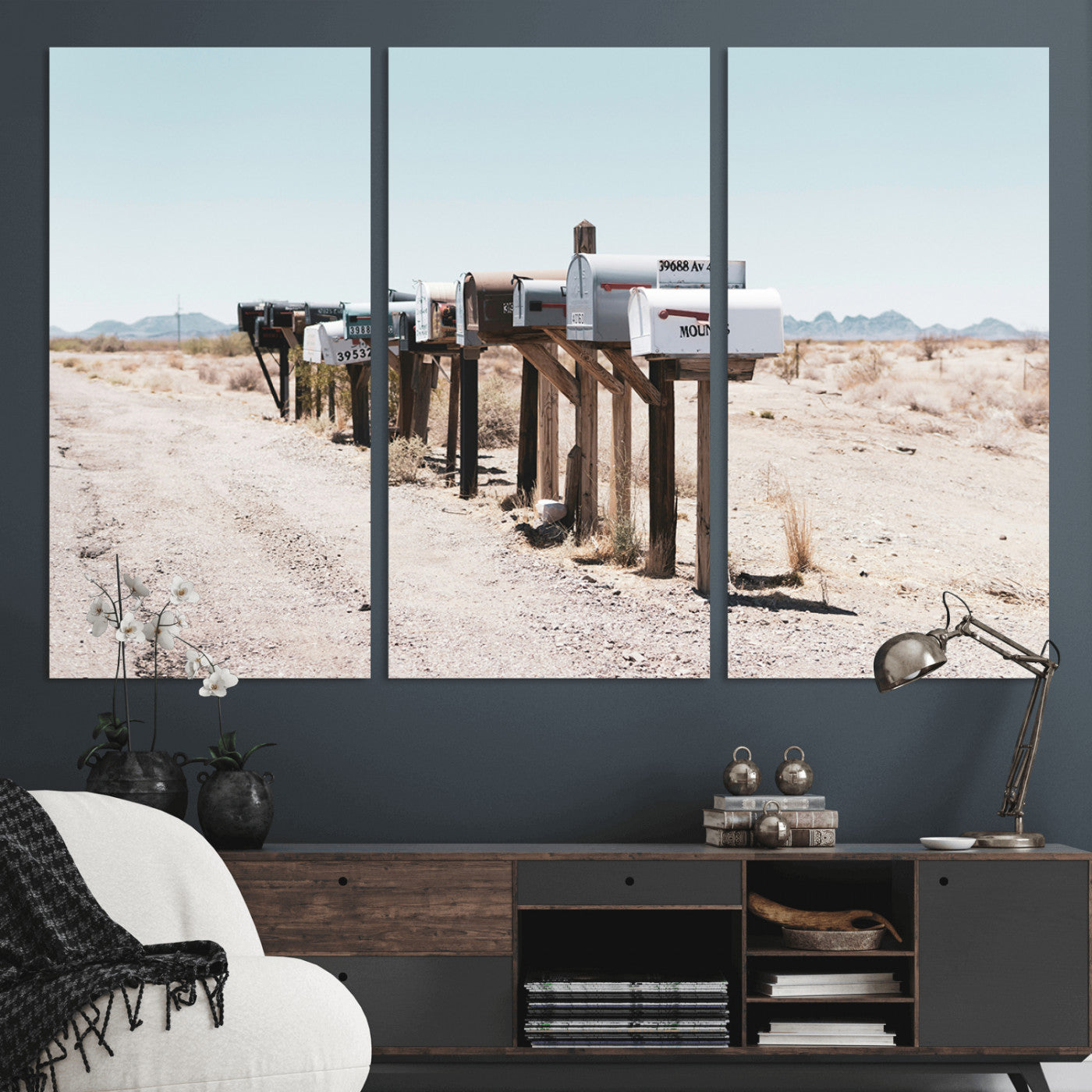 MGV-CV-48X32-3P - Desert Mailboxes Canvas Print – Minimal Western Landscape Photography, Rustic Americana Wall Art for