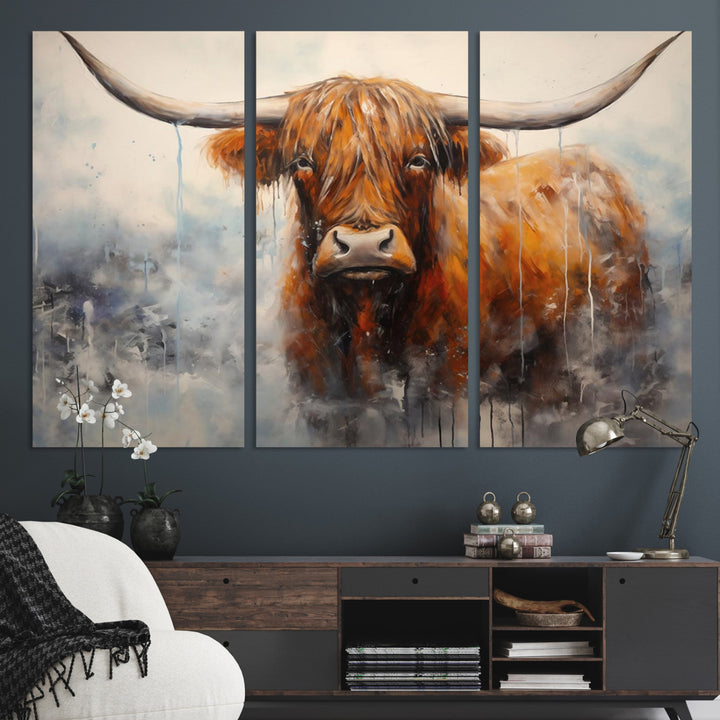 Scottish Highland Wall Art Canvas Print, Framed Longhorn Art Picture Print, Western Cow Perfect Farmhouse Decor Artwork