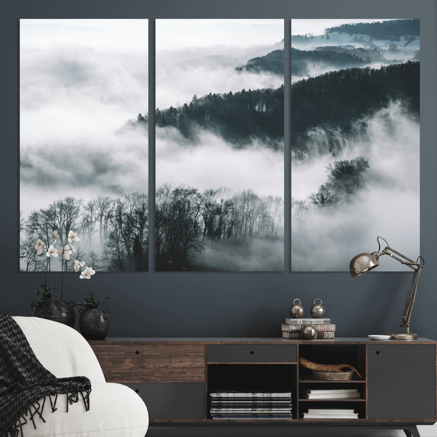 67569654-MGV-CV-36X24-Foggy Forest Landscape Wall Art Canvas Print – Misty Mountain Valley Scene in Monochrome Tones, Perfect for Minimalist or Nordic Home Decor