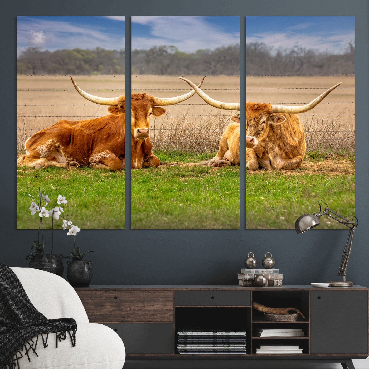 54598515-MGV-CV-36X24-Texas Longhorn Pair Wall Art Canvas Print – Peaceful Rustic Ranch Scene with Two Cattle in Field, Perfect for Western Farmhouse Home Decor