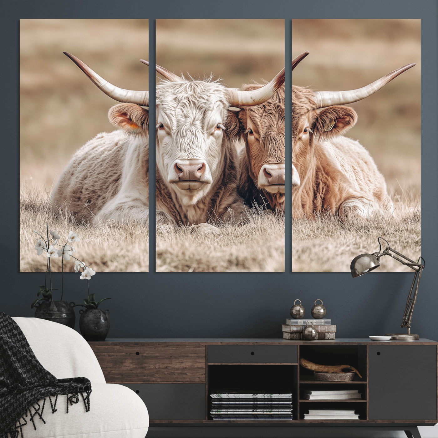 38651722-MGV-CV-36X24 - Highland Cows Meadow Canvas Wall Art – Peaceful Cow Photography Print, Rustic Farmhouse Animal Decor for Country Home, Living Room, Office