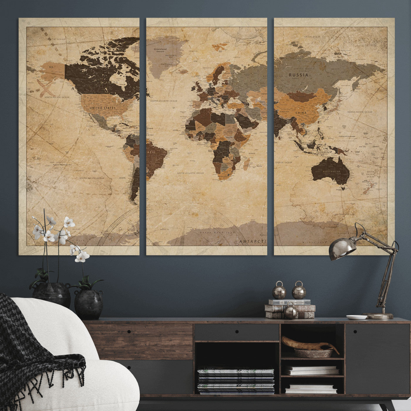 Vintage-style world map with muted brown, beige, and sepia tones, showing countries and continents with a weathered paper texture background.