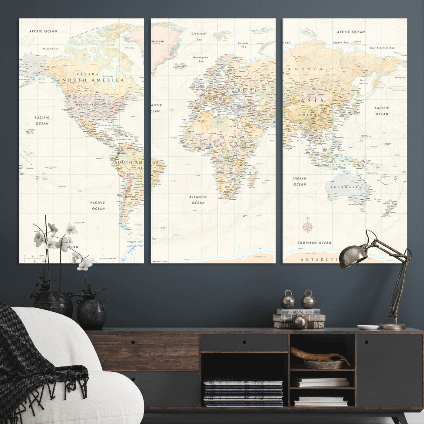 An antique-style world map showing continents, countries, and oceans with soft beige tones, detailed borders, and classic typography, enhanced by a subtle grid overlay and a vintage compass rose.