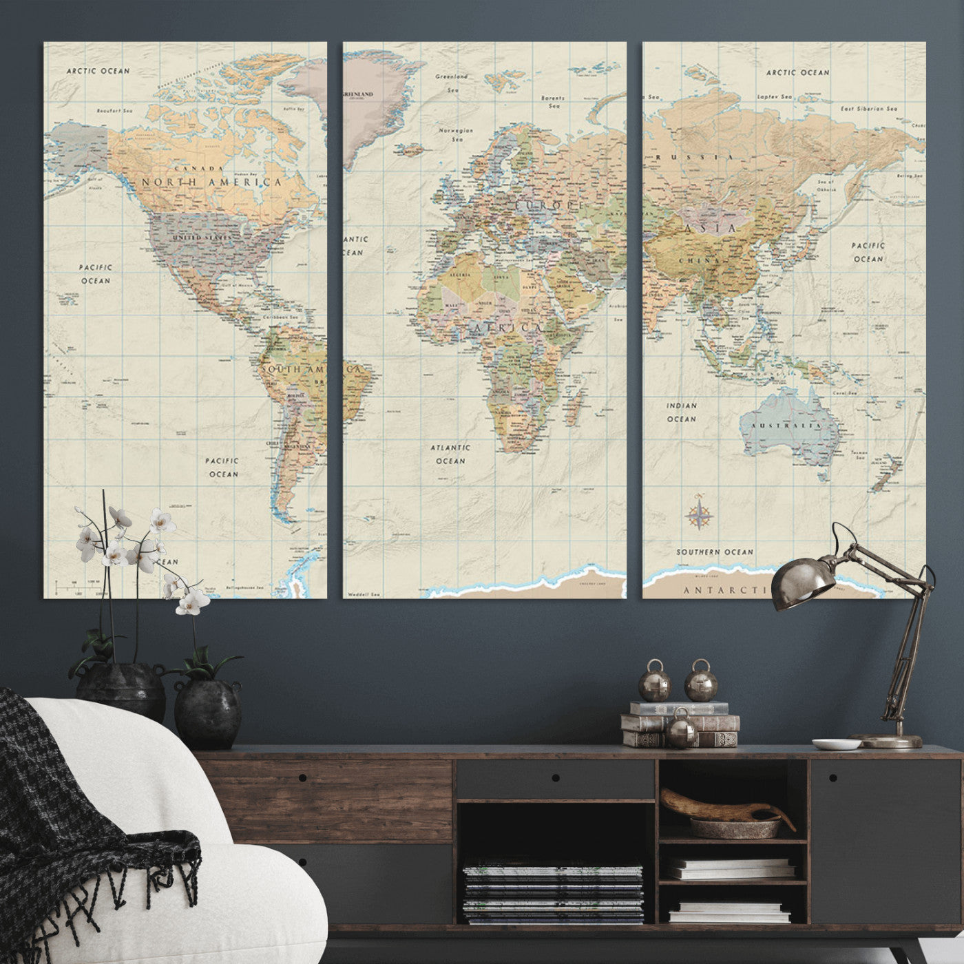 A detailed vintage-style political world map displaying continents, countries, and oceans with clear borders and labels, set on a beige textured background with grid lines.