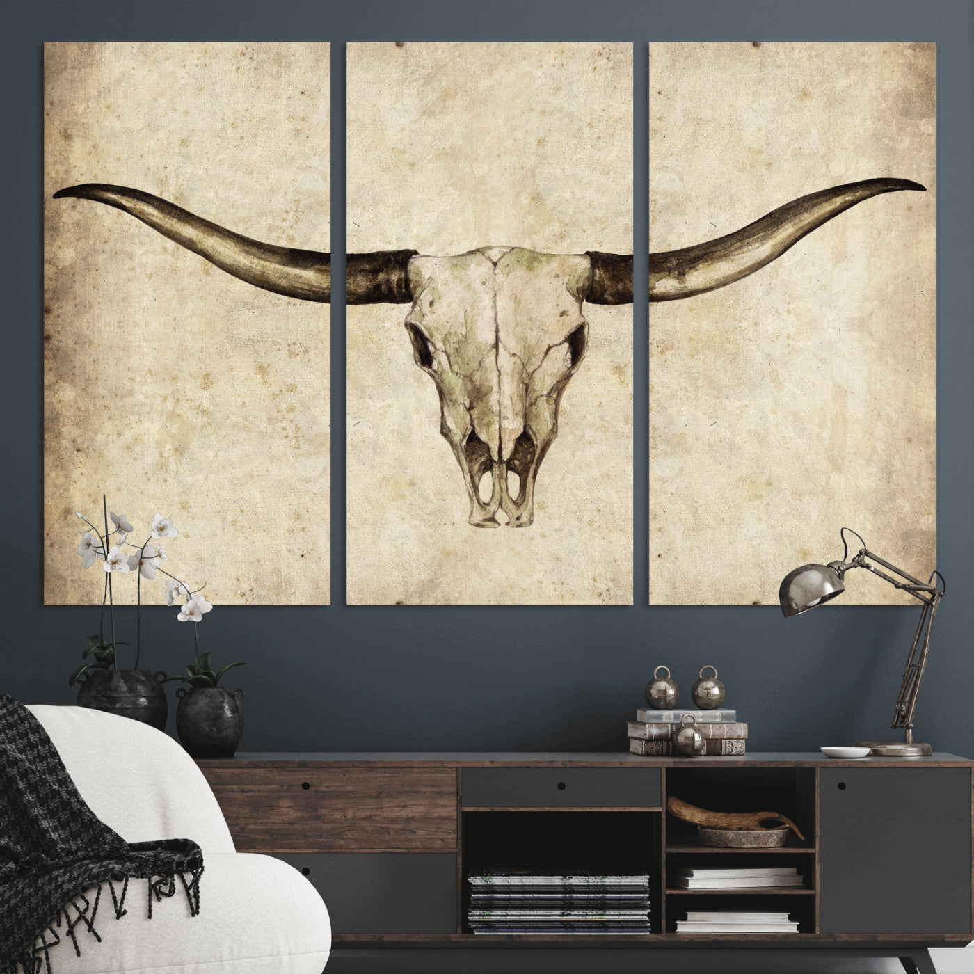 42788678-MGV-CV-36X24 - Longhorn Skull Wall Art Canvas Print – Rustic Western Artwork Print for Living Room Wall Decor