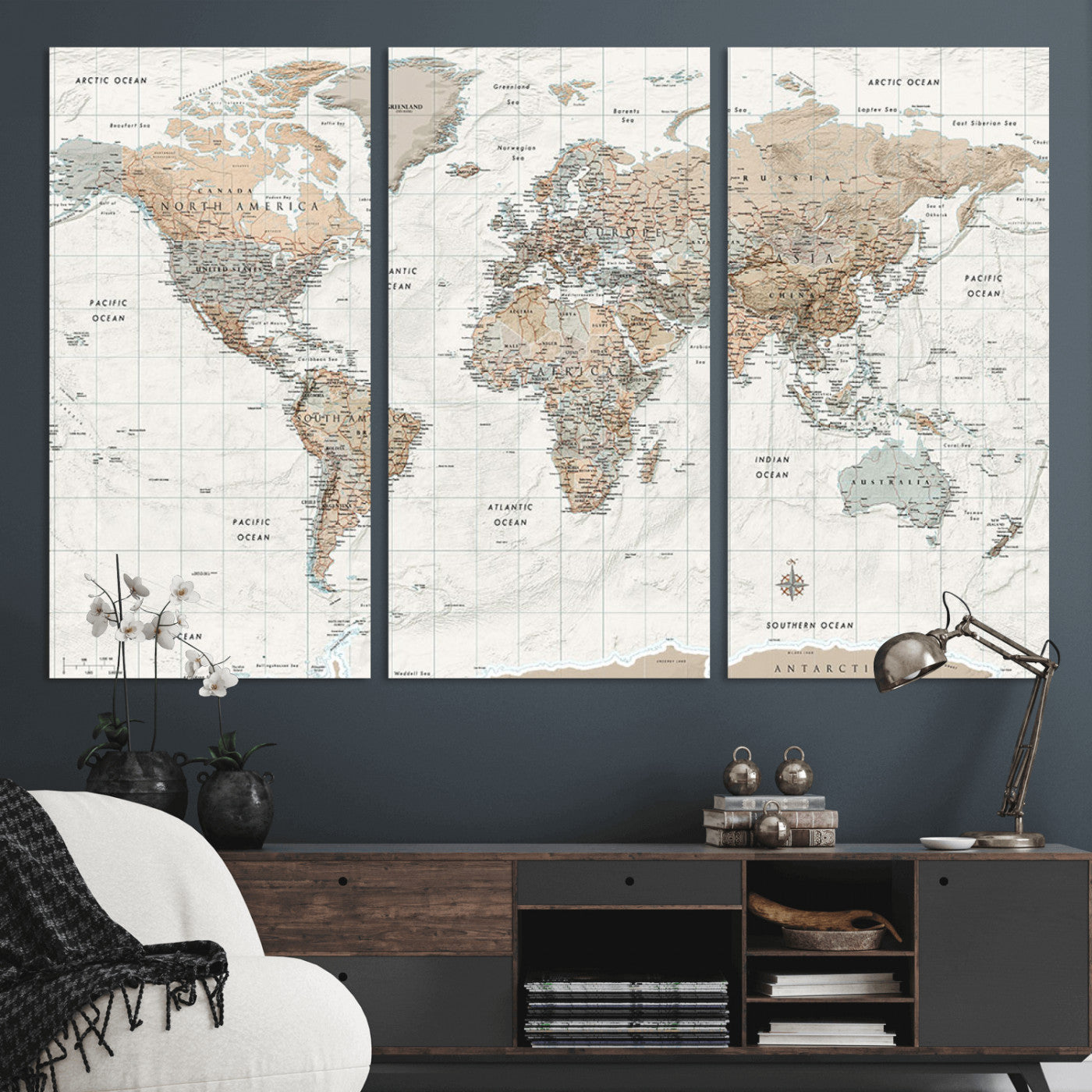 Vintage world map with detailed country borders and labels, featuring soft earthy tones of beige, brown, and gray on a textured parchment background, including oceans, continents, and major cities.