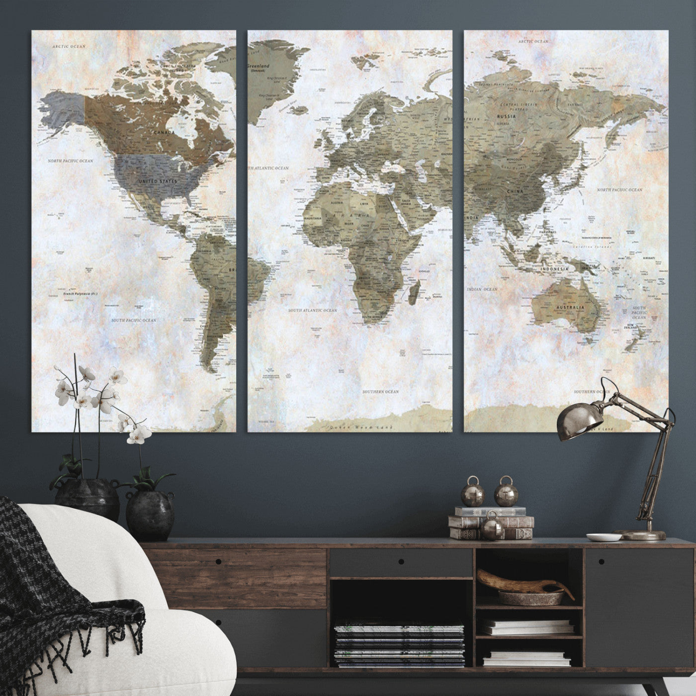 World map printed on a textured canvas with soft muted earth tones and a weathered background, showing detailed countries and continents, perfect for vintage-style wall art.