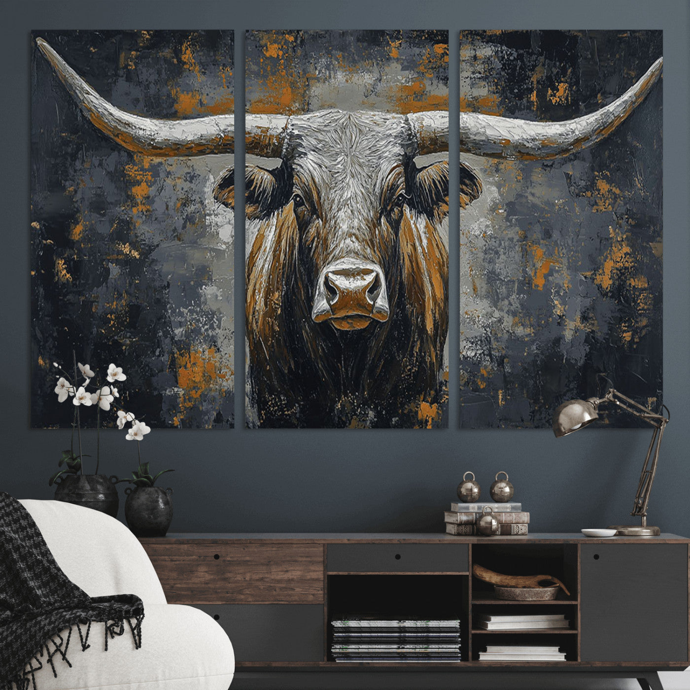 73972561-MGV-CV-36X24 - Bold Bull Wall Art Canvas – Striking Portrait with Wide Horns and Rich Brown Hues, Rustic Farmhouse and Western Decor for Home Room