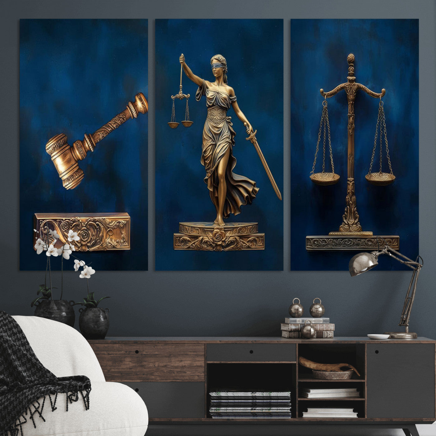 MGV-CV-48X32-3P - Lady Justice Wall Art Canvas Print – Elegant Gold Legal Symbols on Blue Background, Perfect for Law