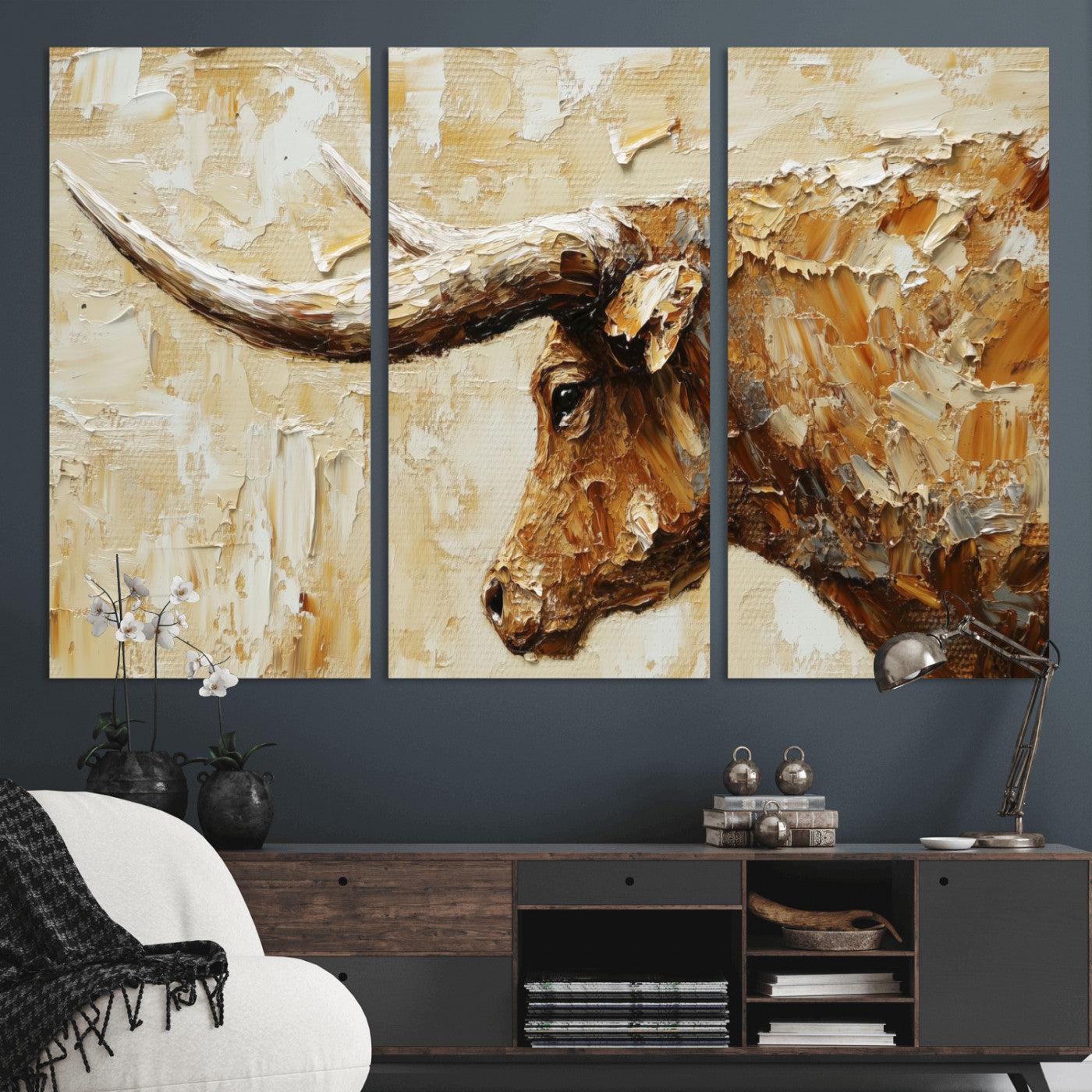 69611428-MGV-CV-36X24 - Rustic Longhorn Bull Wall Art Canvas Print – Vintage Western Cattle Painting, Texas Abstract Wall Cow Prints
