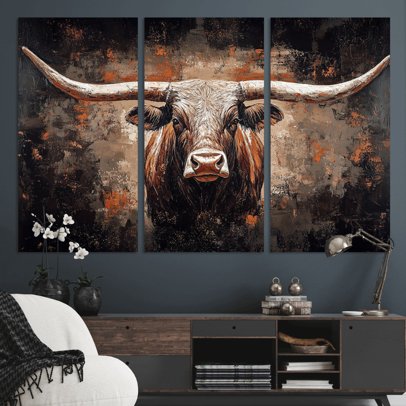 Rustic Longhorn Bull Wall Art Canvas Print – Vintage Western Cattle Painting, Texas Steer Artwork for Ranch, Farmhouse or Cowboy Decor