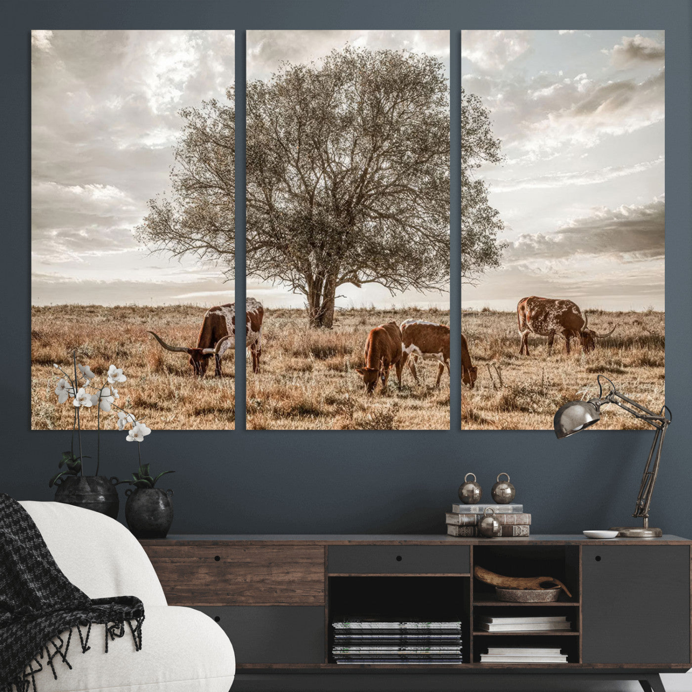 Texas Longhorn Cattle Wall Art Canvas Print – Rustic Western Ranch Scene with Steers at Sunset, Perfect for Farmhouse or Cowboy Decor