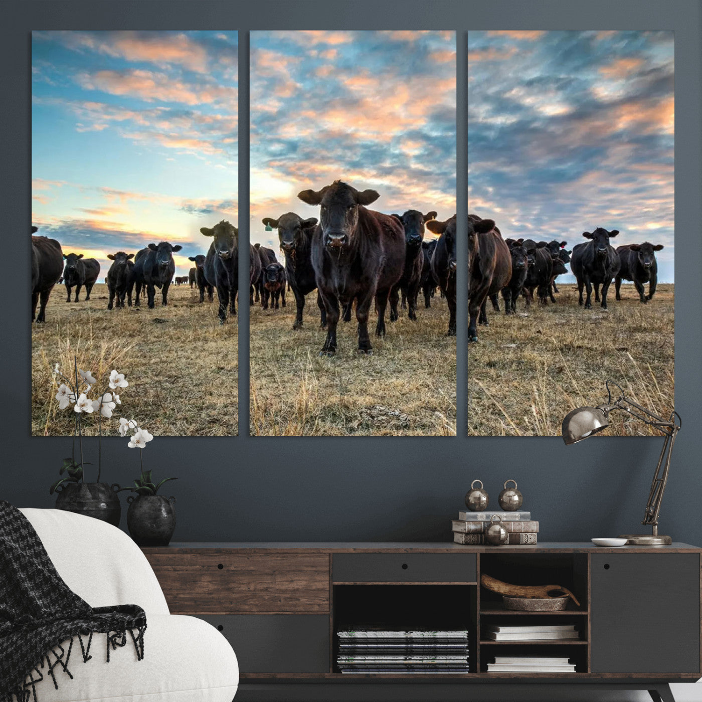13867292-MGV-CV-36X24-Texas Longhorn Cattle Wall Art Canvas Print – Rustic Western Ranch Scene with Steers at Sunset, Perfect for Farmhouse or Cowboy Decor