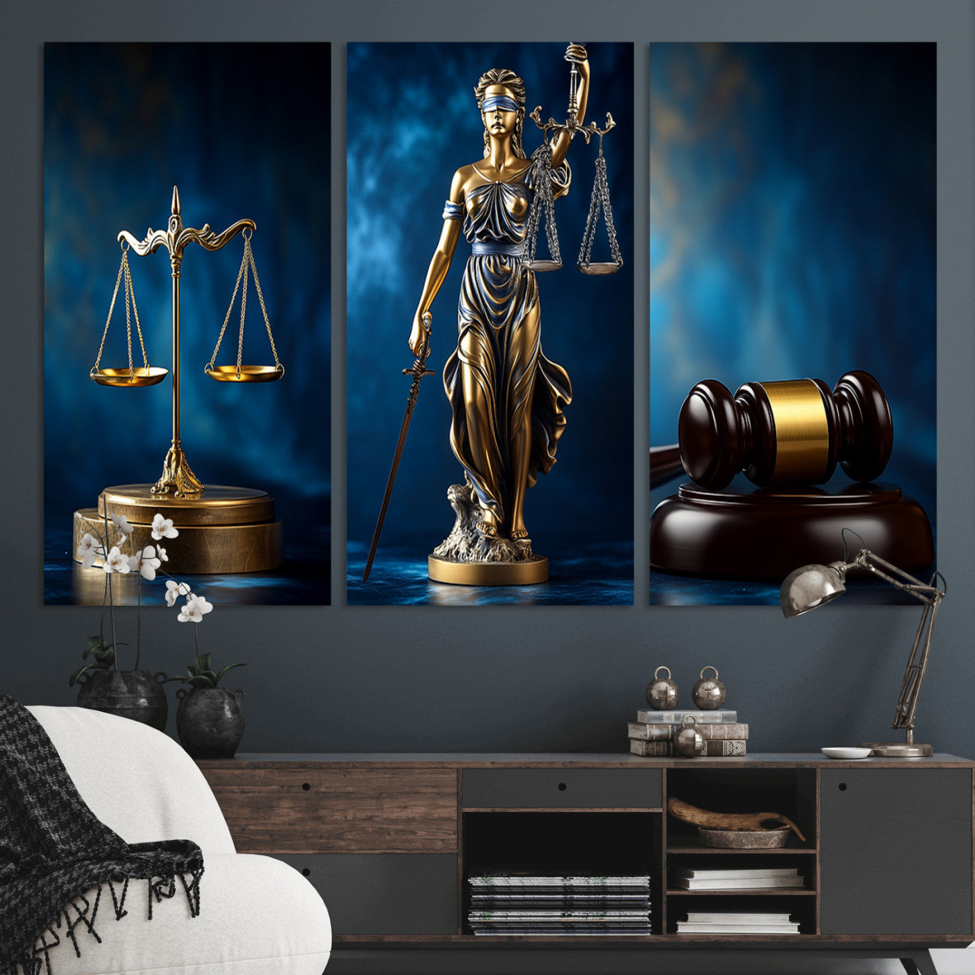 MGV-CV-48X32-3P - Lady Justice Wall Art Canvas Print – Elegant Gold Legal Symbols on Blue Background, Perfect for Law