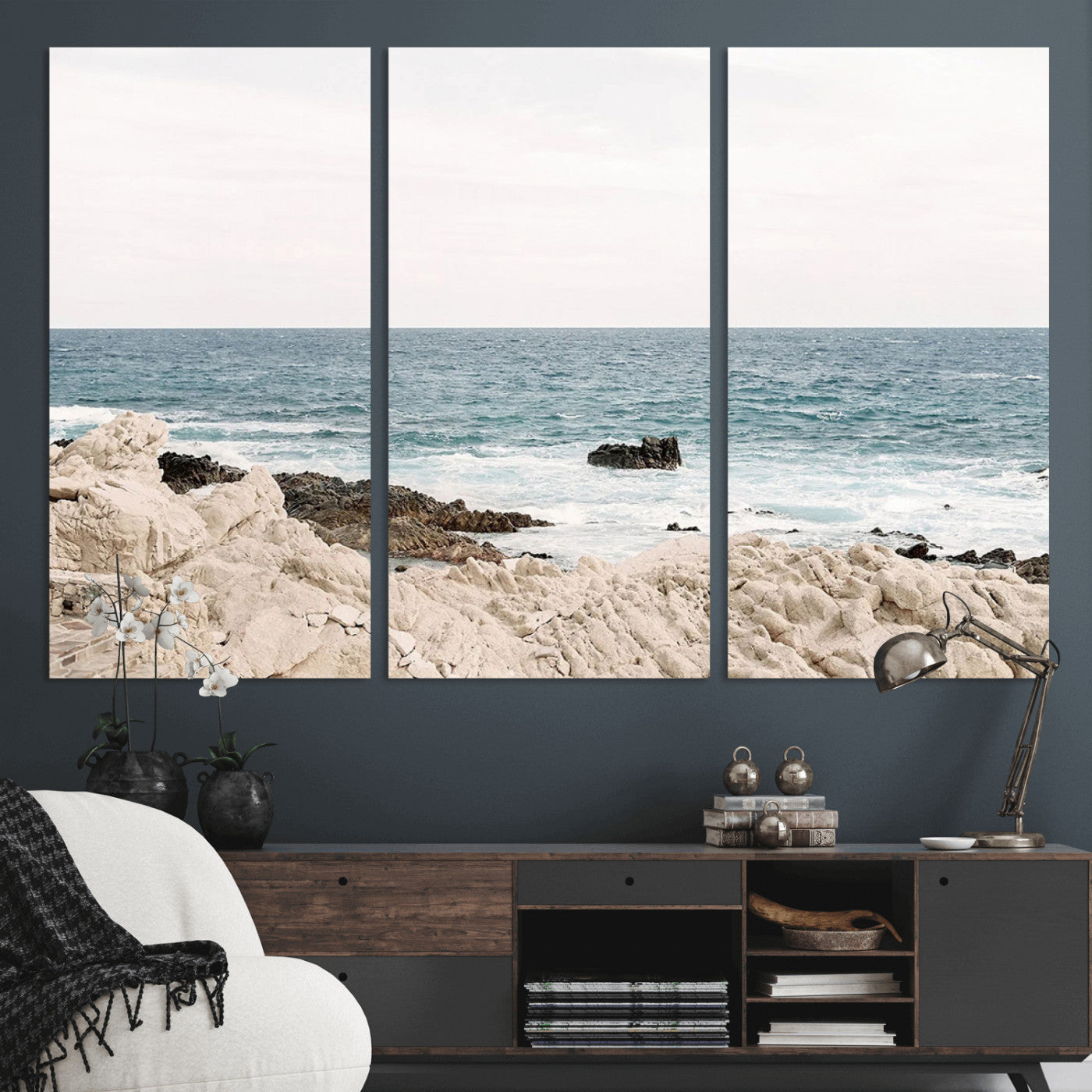 Coastal Ocean View Wall Art Canvas Print – Serene Rocky Shoreline and Blue Sea Photography for Coastal Chic or Minimalist Home Decor