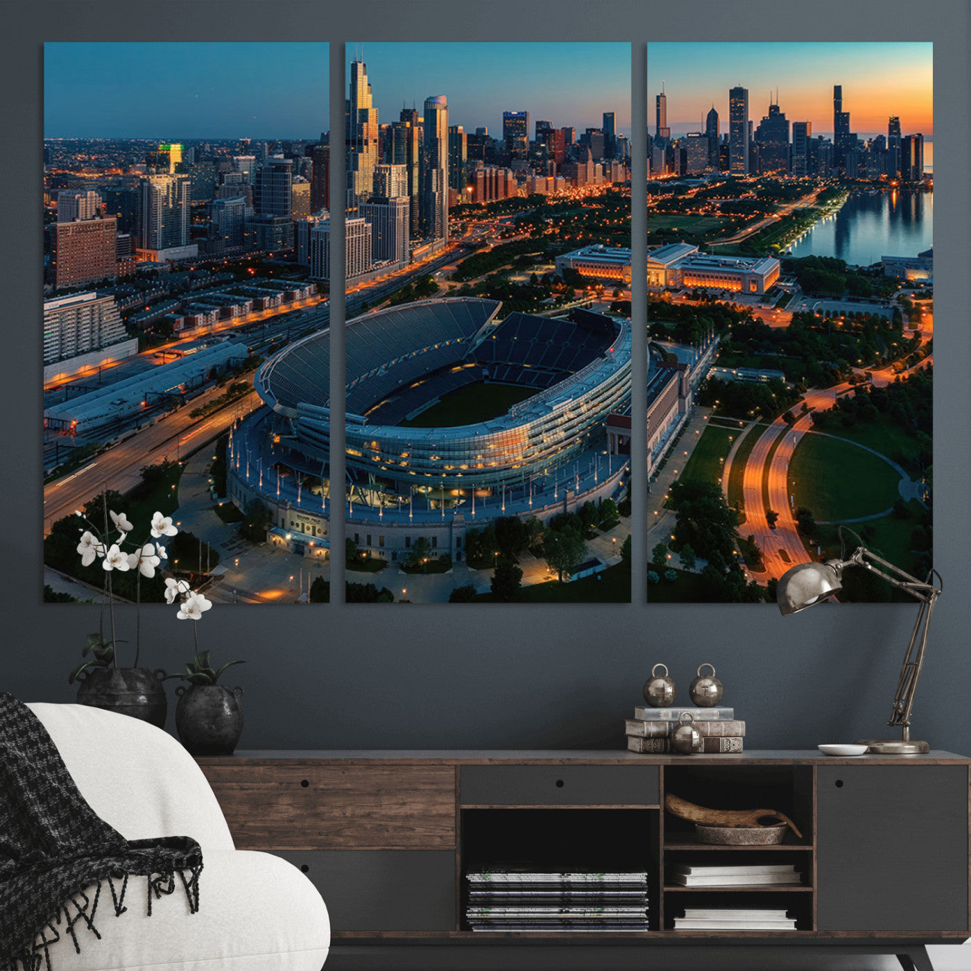 36690345-MGV-CV-36X24-Chicago Bears Soldiers Field Wall Art Canvas Print – Framed Football Stadium Artwork for Sports Fans, Soldier Field Skyline Canvas Decor for Game Room or Man Cave