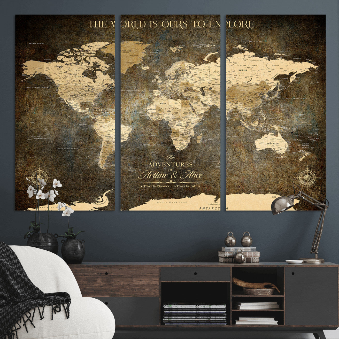 76675404-MGV-CV-36X24-Framed Push Pin World Travel Map – Canvas Wall Art for Tracking Adventures, Decorative Vintage Style Map with Pins for Home or Office - H1