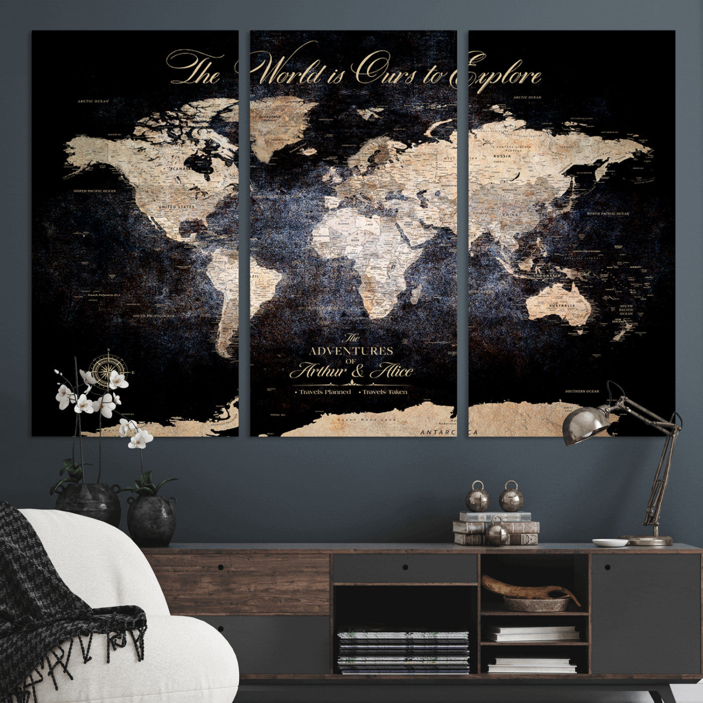 21010471-MGV-CV-36X24-Customize Push Pin World Map Wall Canvas Print, Personalized Travel Tracker with Pins, Framed Large Canvas for Home Office Decor - H37