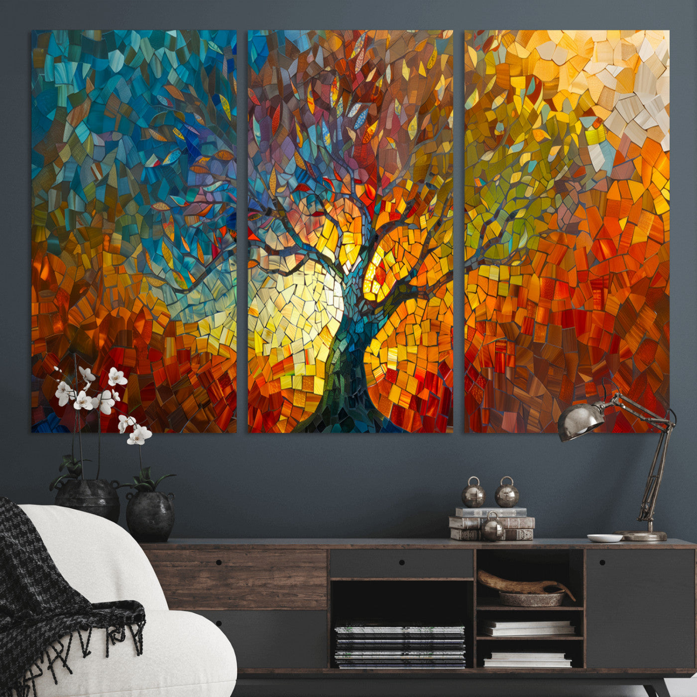 MGV-CV-48X32-3P - Mosaic Tree Canvas Wall Art – Vibrant Abstract Nature Design, Colorful Decor for Living Room, Bedroom, or Creative Spaces