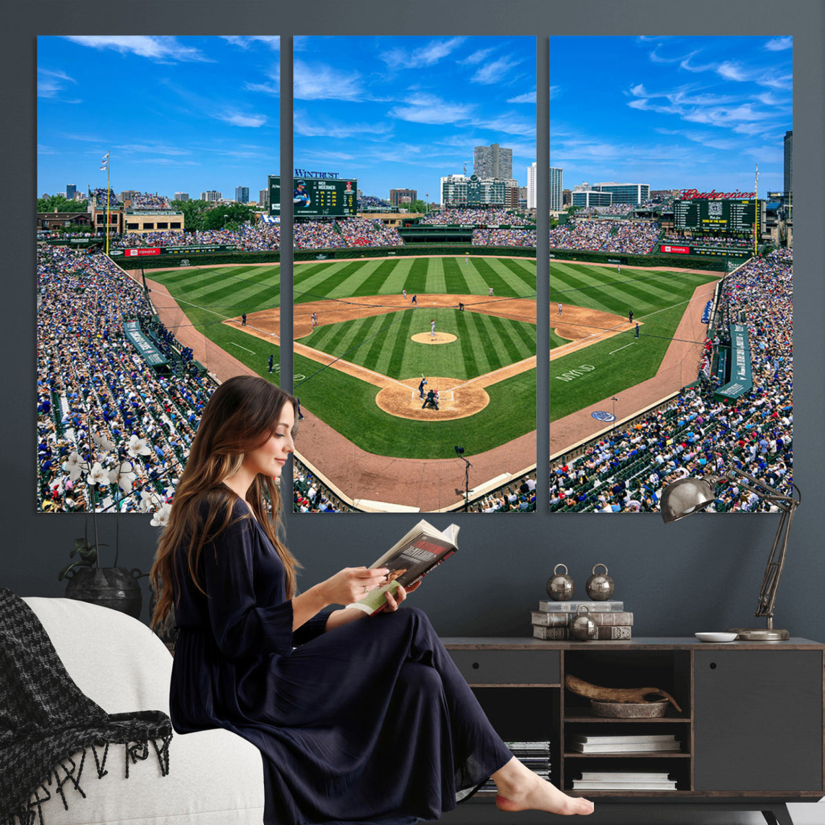 35800083-MGV-CV-36X24 - Wrigley Field Baseball Stadium Canvas Wall Art, Packed Crowd and Chicago Skyline