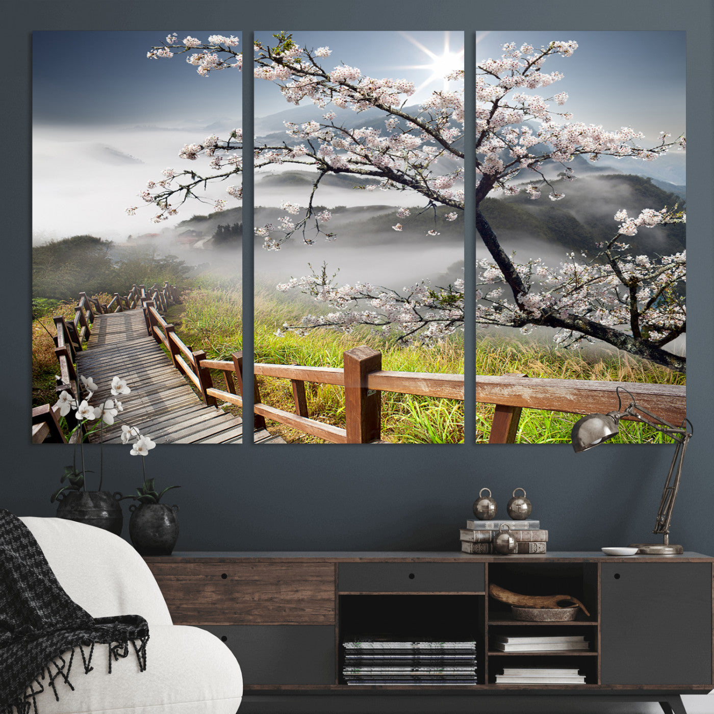 MGV-CV-48X32-3P - Sakura Cherry Blossom Pathway Canvas Wall Art – Tranquil Walk Through Blossoming Nature – Ready to