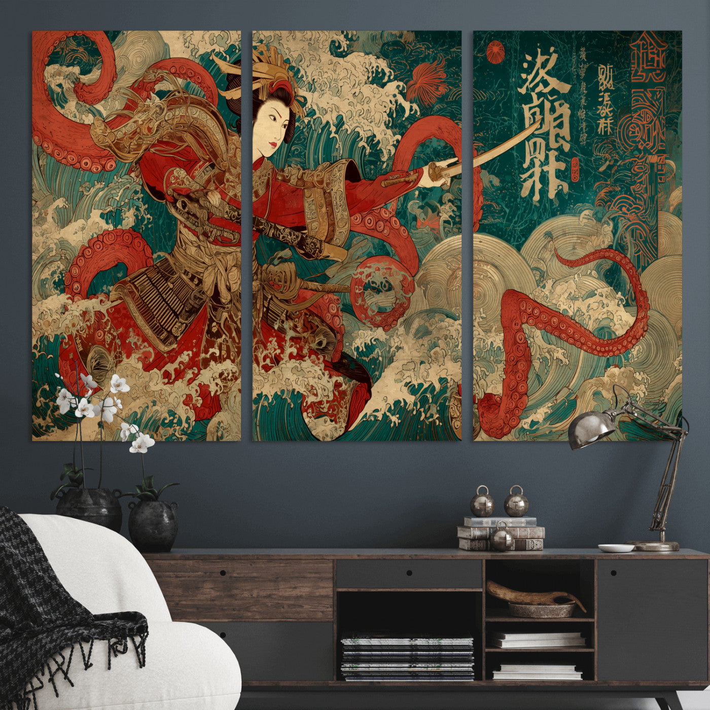 MGV-CV-48X32-3P - Tsukioka Yoshitoshi Samurai Wall Art Print, Japanese Katana Warrior Canvas Wall Art, Octopus Sea Monster Canvas Print,