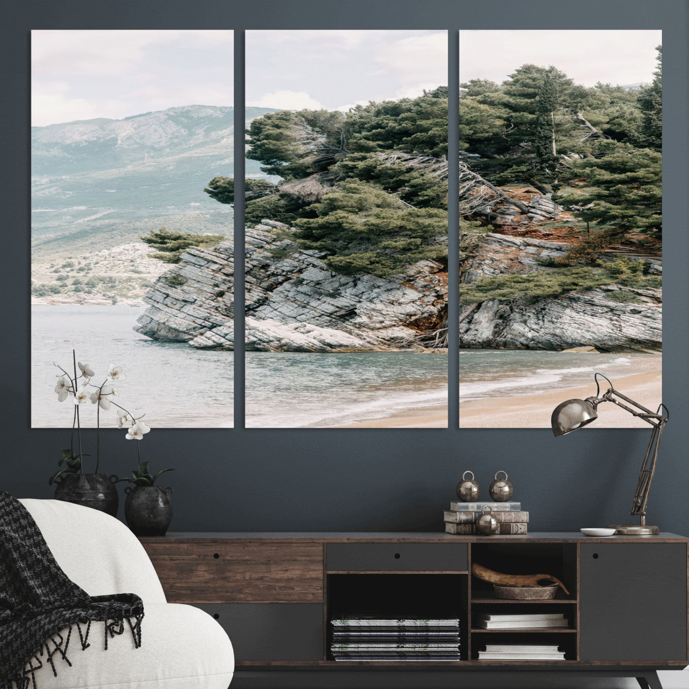 MGV-CV-48X32-3P - Coastal Rock Canvas Wall Art Print, Scenic Beach Landscape, Pine Trees on Rocky Cliff, Large Nature