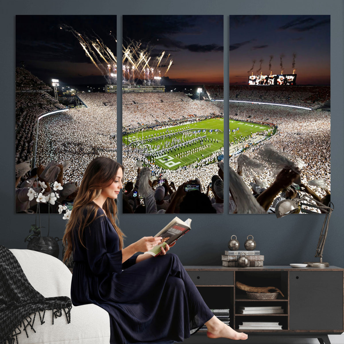 11221988-MGV-CV-36X24 - Epic Night Football Stadium Wall Art Canvas Print, Fireworks and Crowd