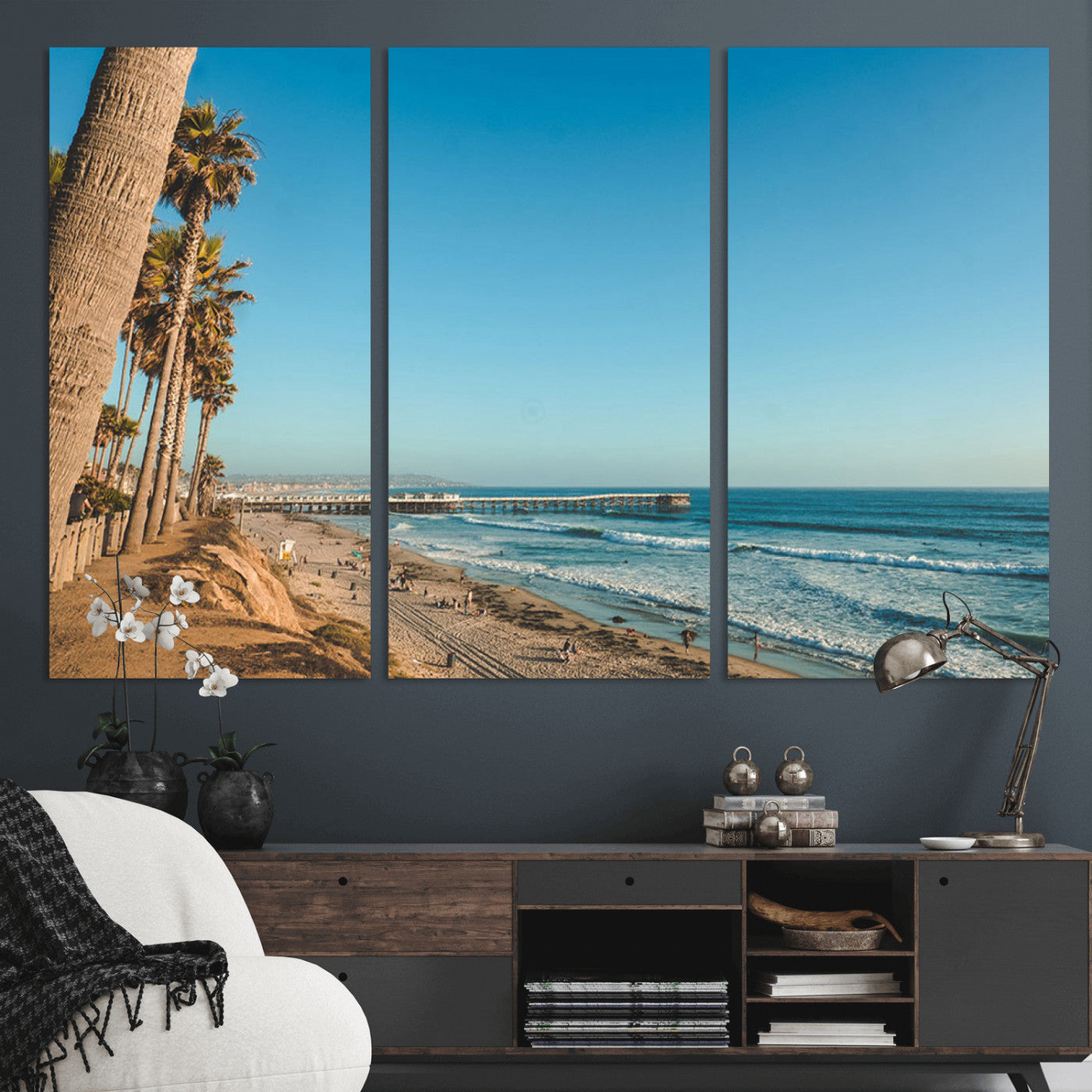 MGV-CV-48X32-3P - Scenic Beach with Tall Palm Trees, Sandy Shore, and Long Pier Stretching into the Calm Ocean Under