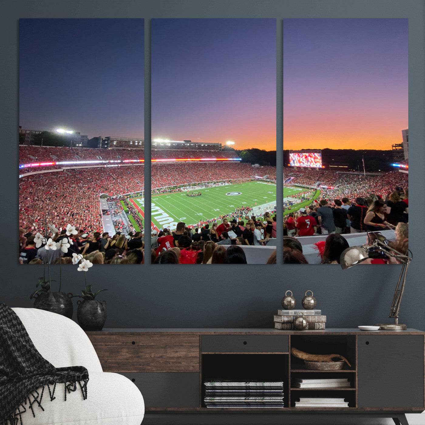 25139565-MGV-CV-48X32-3P-Dooley Stadium Wall Art Print, Sports Arena Canvas Wall Art, Dooley Field at Sanford Stadium Canvas Print, Modern Athletic Field Art Printing