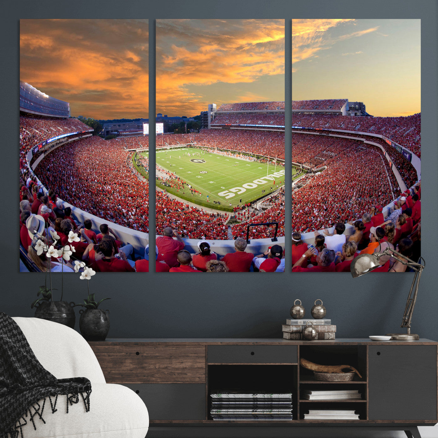 73680988-MGV-CV-48X32-3P-Dooley Stadium Wall Art Print, Sports Arena Canvas Wall Art, Dooley Field at Sanford Stadium Canvas Print, Modern Athletic Field Art Printing