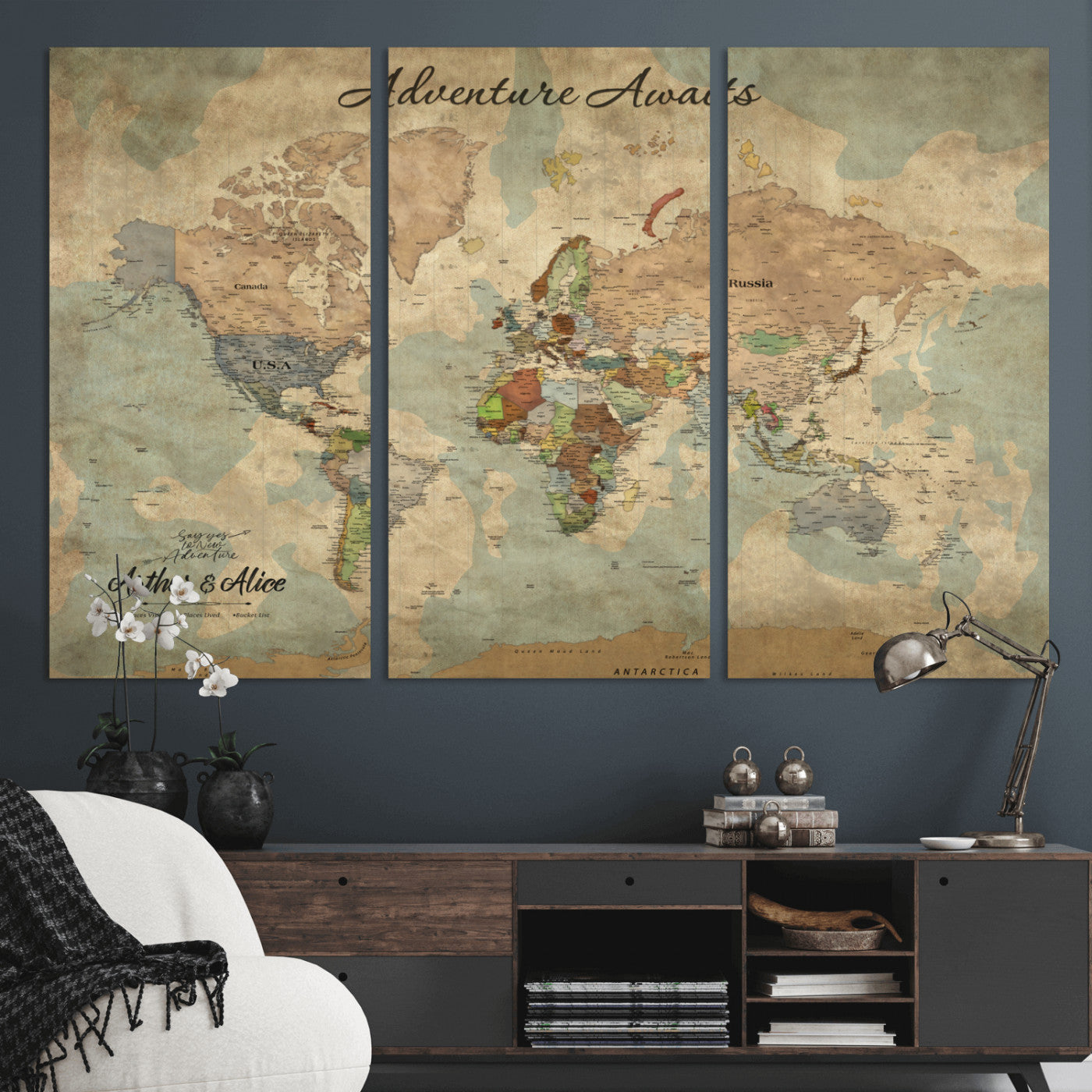 MGV-CV-48X32-3P - Personalized World Map Wall Art Canvas Print – Custom Push Pin Travel Map for Couples, Families, or Office Décor