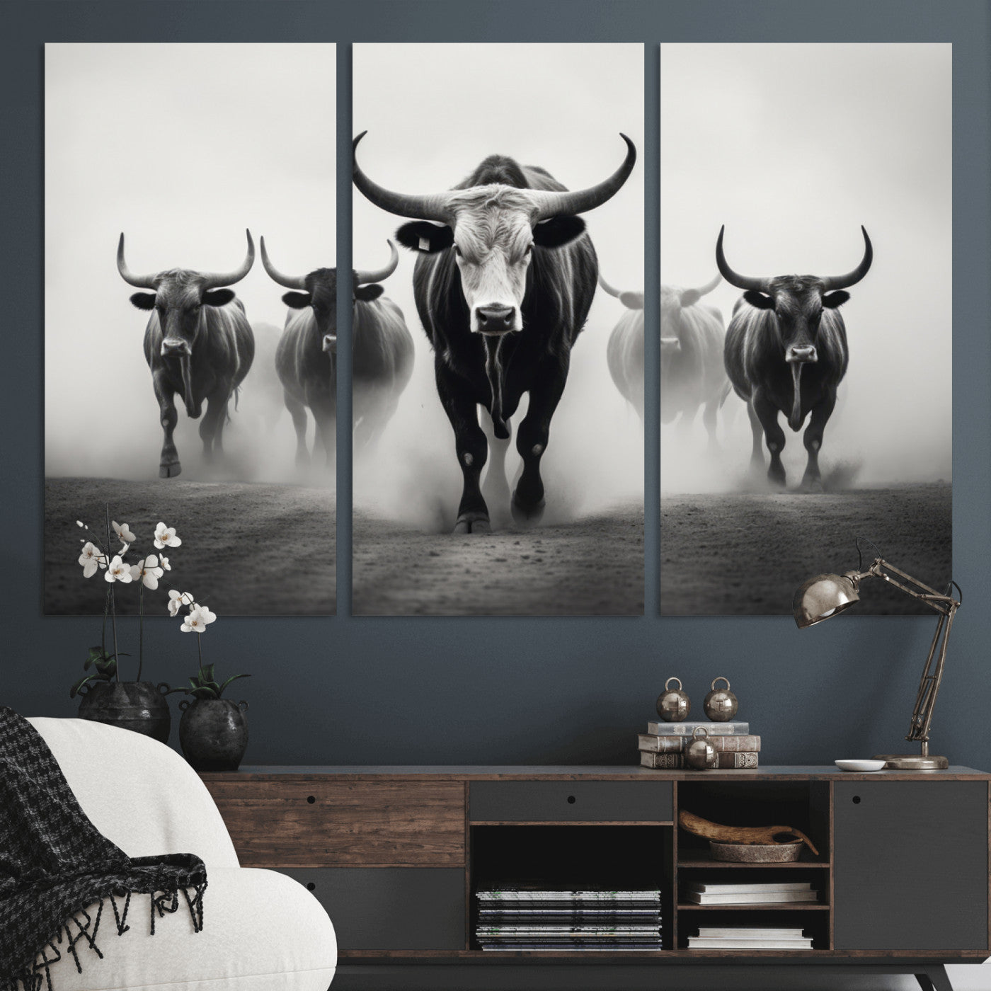N34534C-MGV-CV-48X32-3P - Texas Bighorn Cow Hern Wall Art Canvas Print, Longhorn Cow Large Wall Art