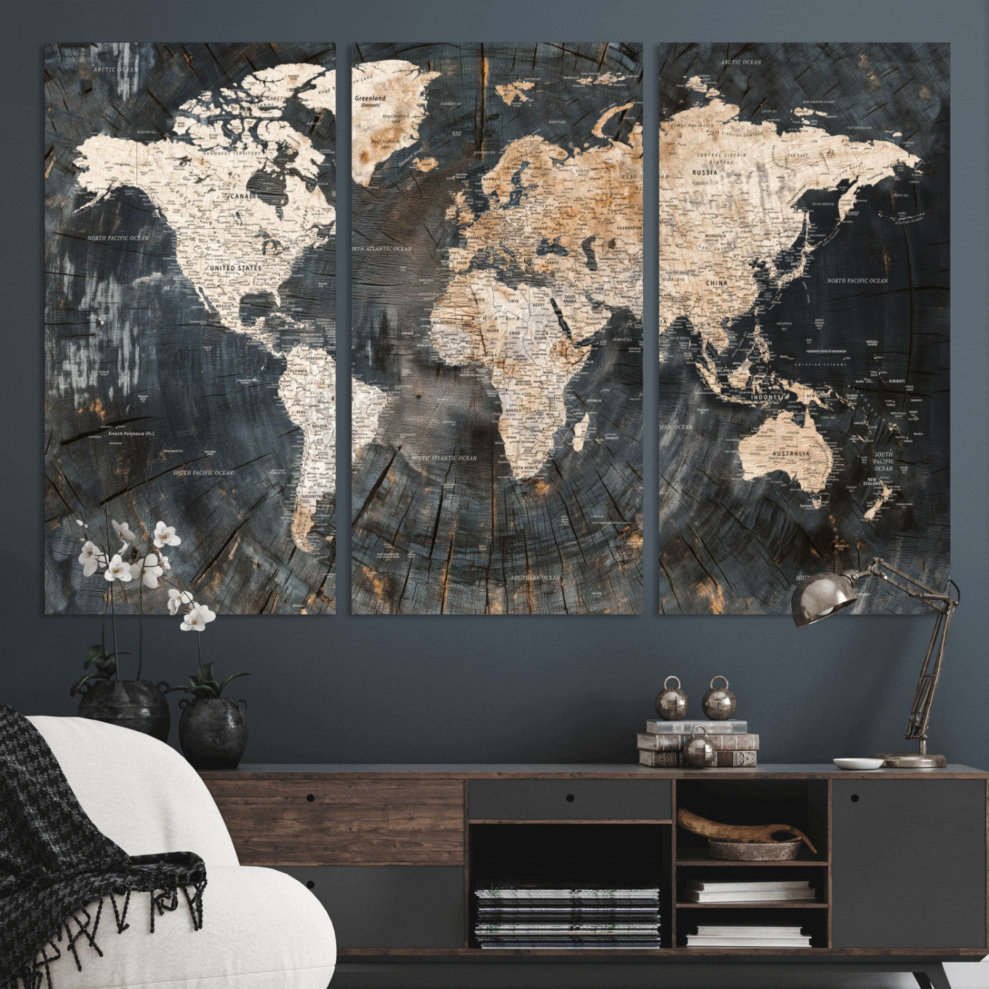 57626704-MGV-CV-48X32-3P - World Map Wall Art Canvas Print, Modern Decorative Framed Map Artwork Prints for Living Room, Office, Bedroom Wall Decor