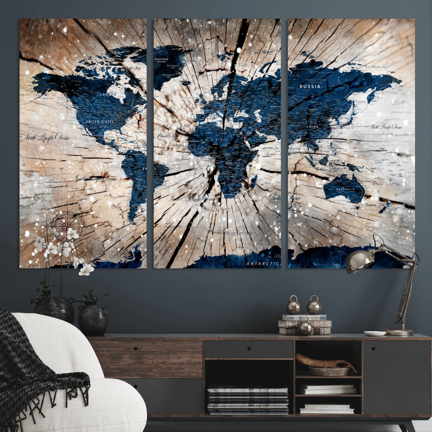 99001695-MGV-CV-48X32-3P - World Map Wall Art Canvas Print, Modern Decorative Framed Map Artwork Prints for Living Room, Office, Bedroom Wall Decor