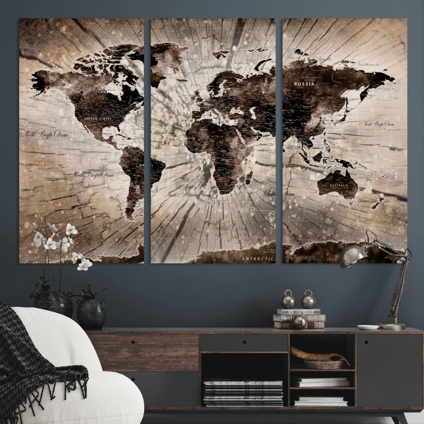 35326624-MGV-CV-48X32-3P - World Map Wall Art Canvas Print, Modern Decorative Framed Map Artwork Prints for Living Room, Office, Bedroom Wall Decor