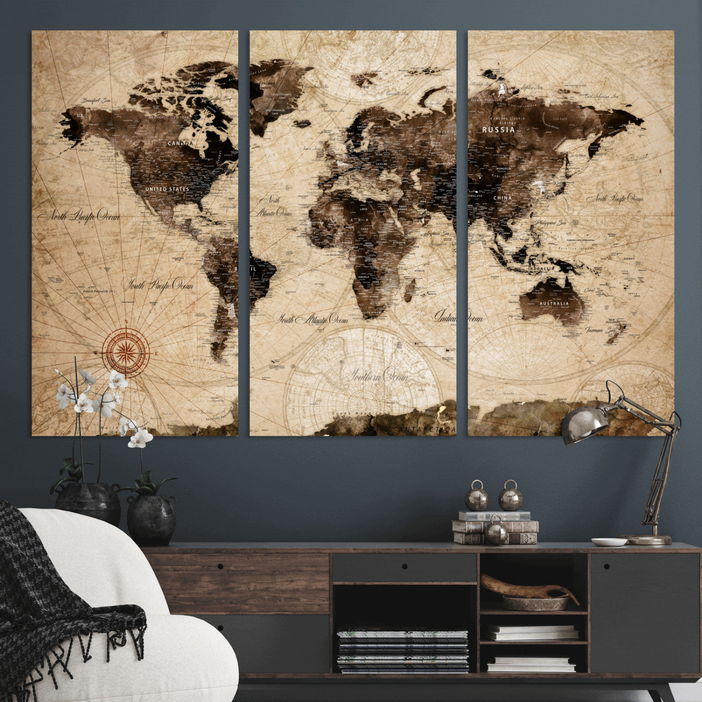97114757-MGV-CV-48X32-3P - Vintage World Map Wall Art Canvas Print, Modern Decorative Framed Map Artwork Prints for Living Room, Office, Bedroom Wall Decor