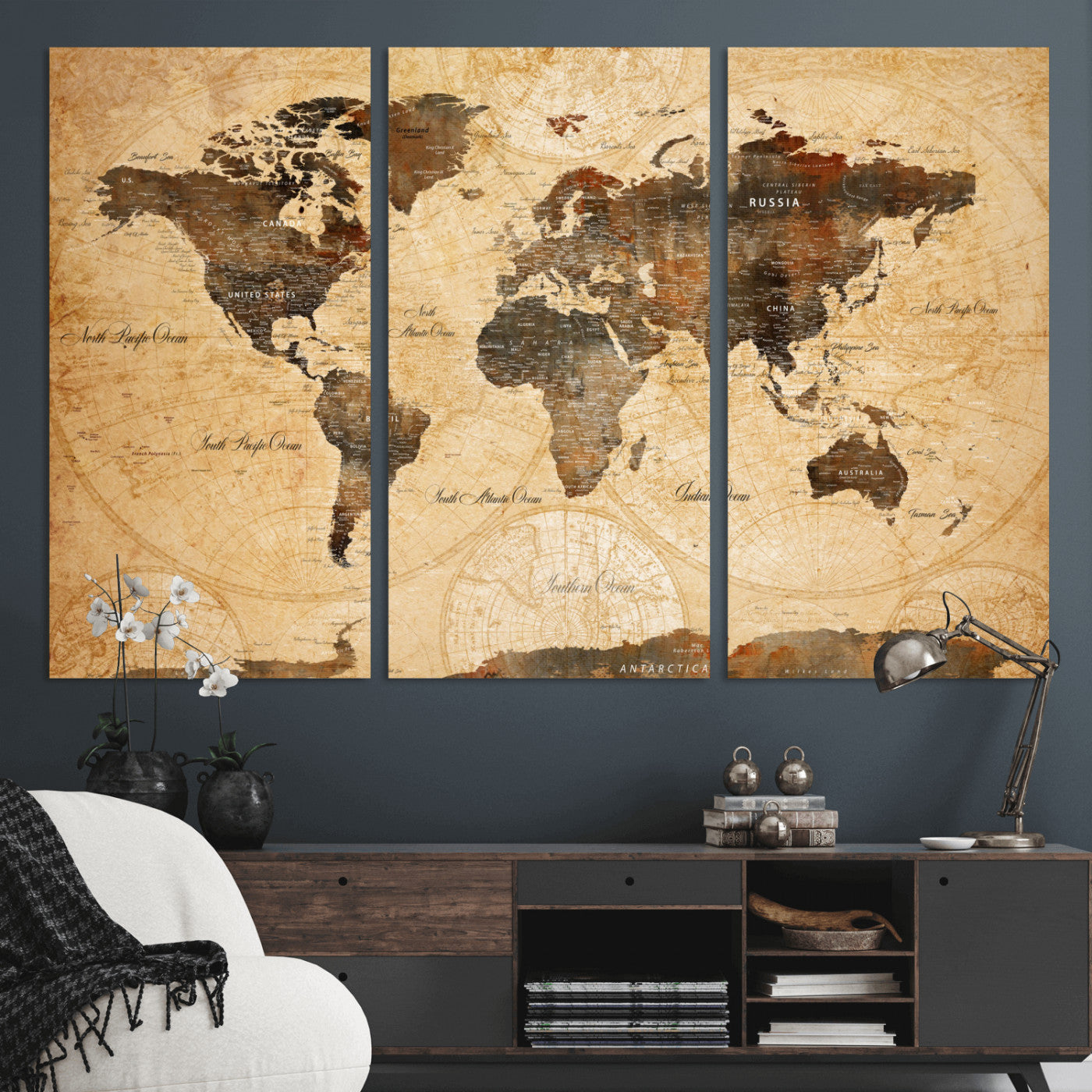 14542905-MGV-CV-48X32-3P - Push Pin World Map Canvas Print – Travel Tracker Wall Art for Couples, Perfect Anniversary Gift for Home or Office Decor
