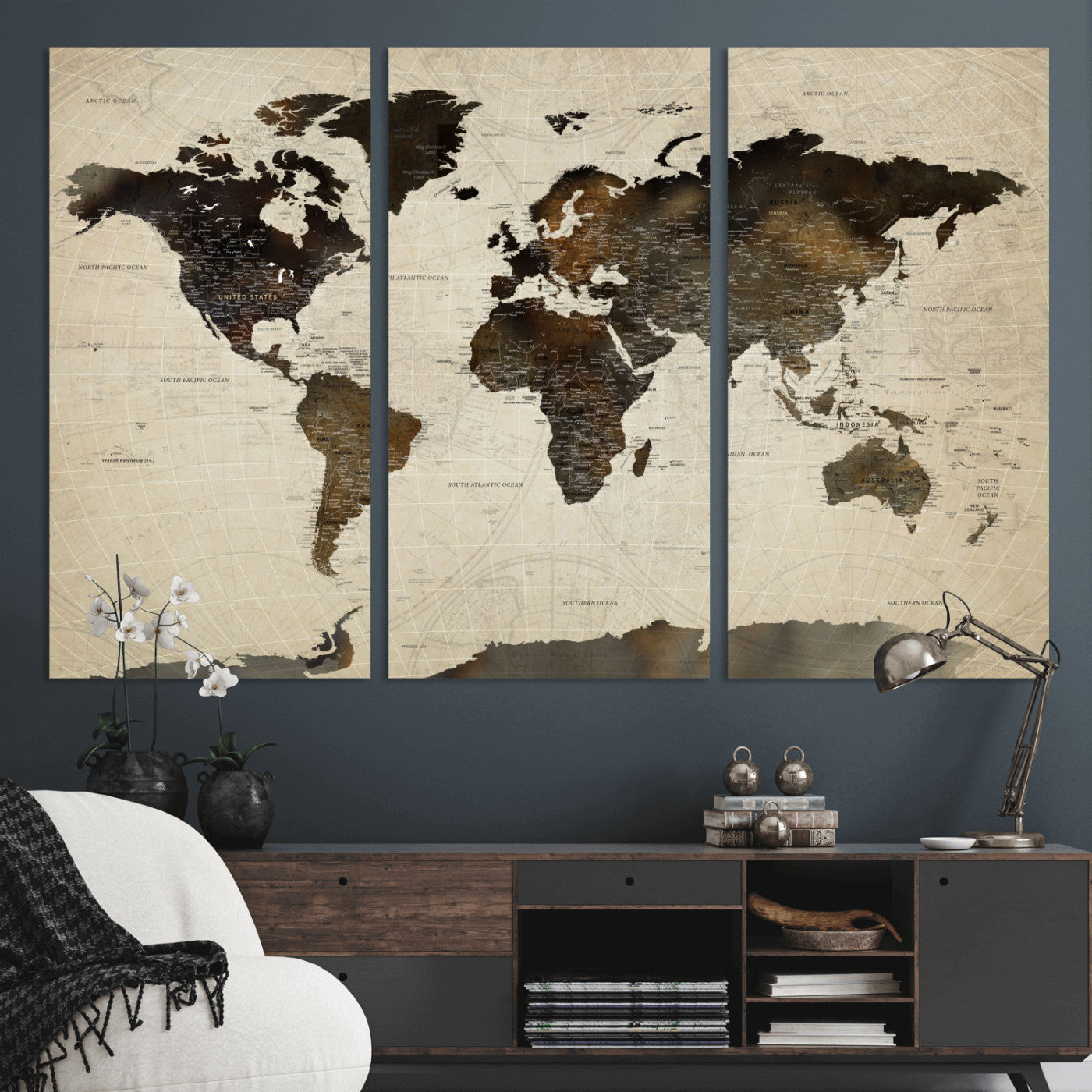 81771296-MGV-CV-48X32-3P - World Map Wall Art Canvas Print, Modern Decorative Framed Map Artwork Prints for Living Room, Office, Bedroom Wall Decor