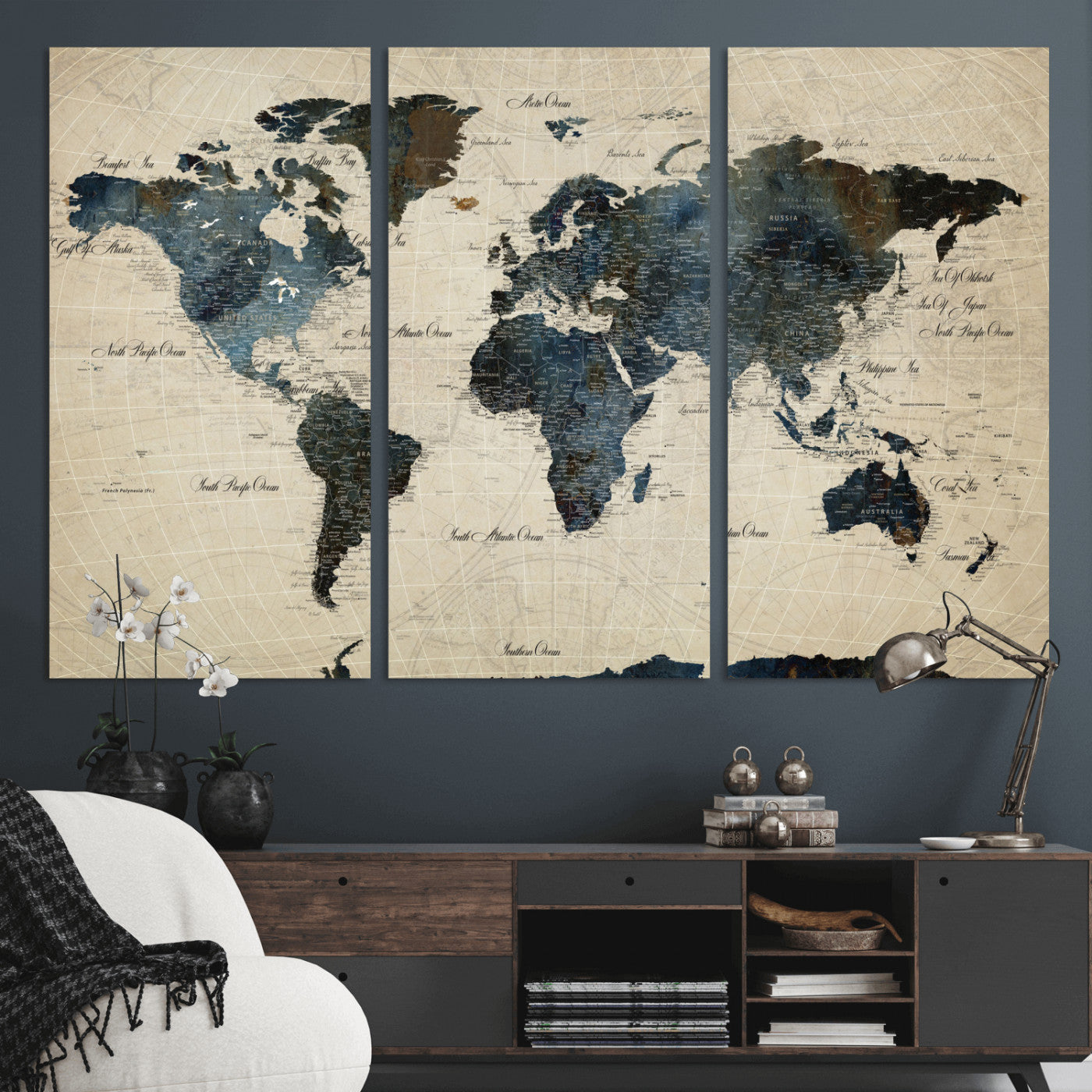 33438443-MGV-CV-48X32-3P - World Map Wall Art Canvas Print, Modern Decorative Framed Map Artwork Prints for Living Room, Office, Bedroom Wall Decor