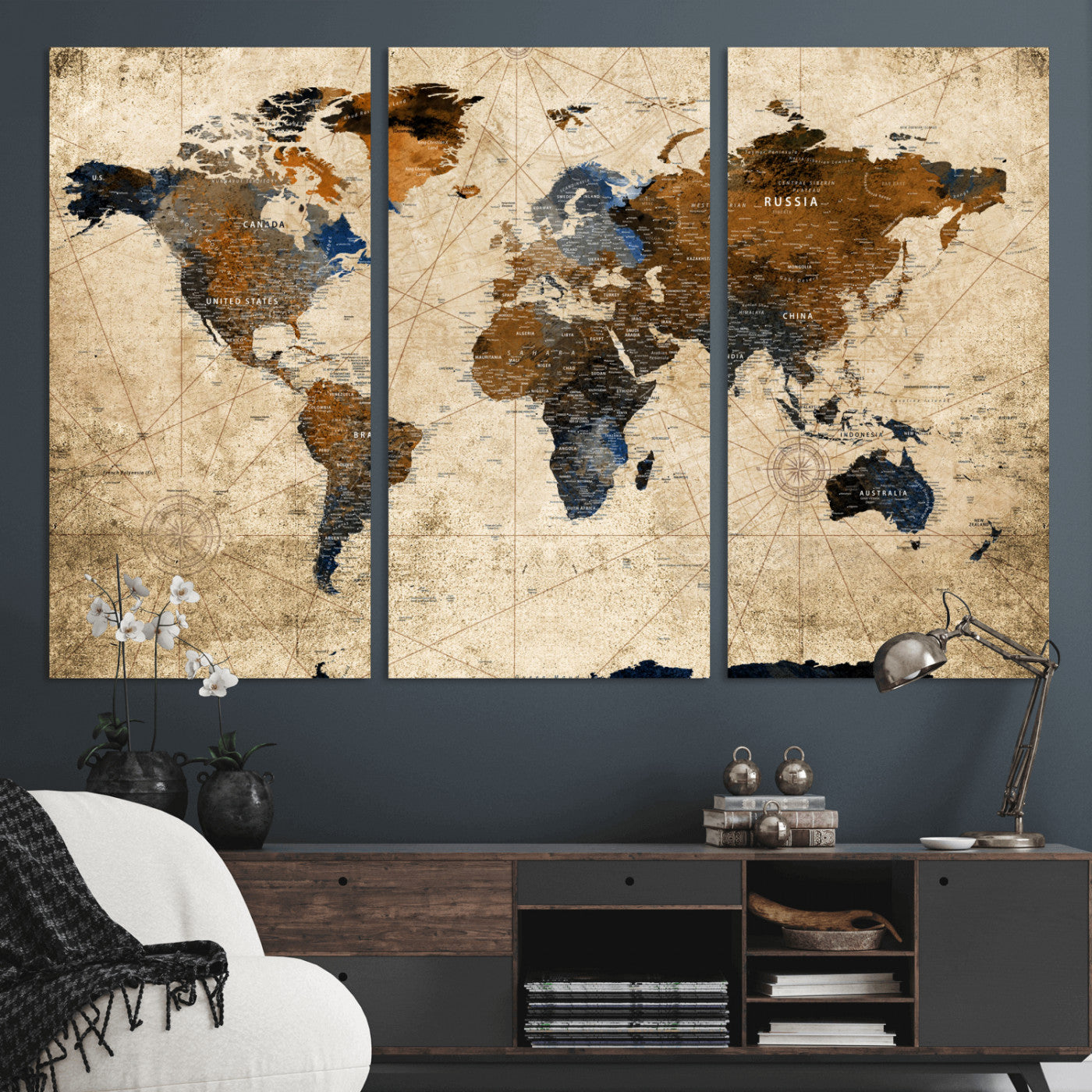 56297284-MGV-CV-48X32-3P - World Map Wall Art Canvas Print, Modern Decorative Framed Map Artwork Prints for Living Room, Office, Bedroom Wall Decor