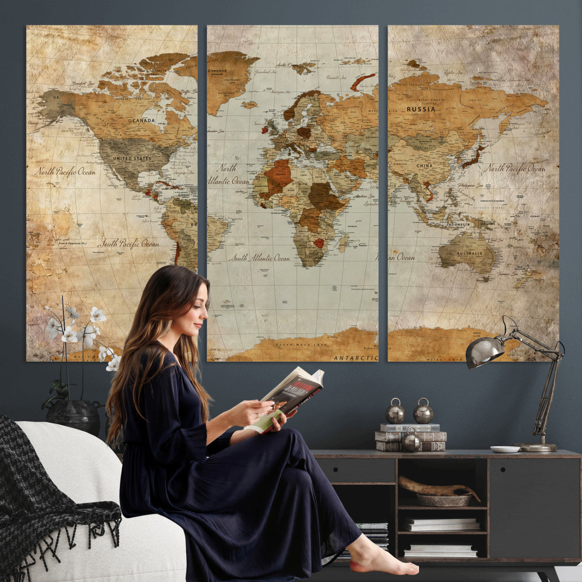 74176056-MGV-CV-36X24 - World Map Wall Art Canvas Print, Modern Decorative Framed Map Artwork Prints for Living Room, Office, Bedroom Wall Decor