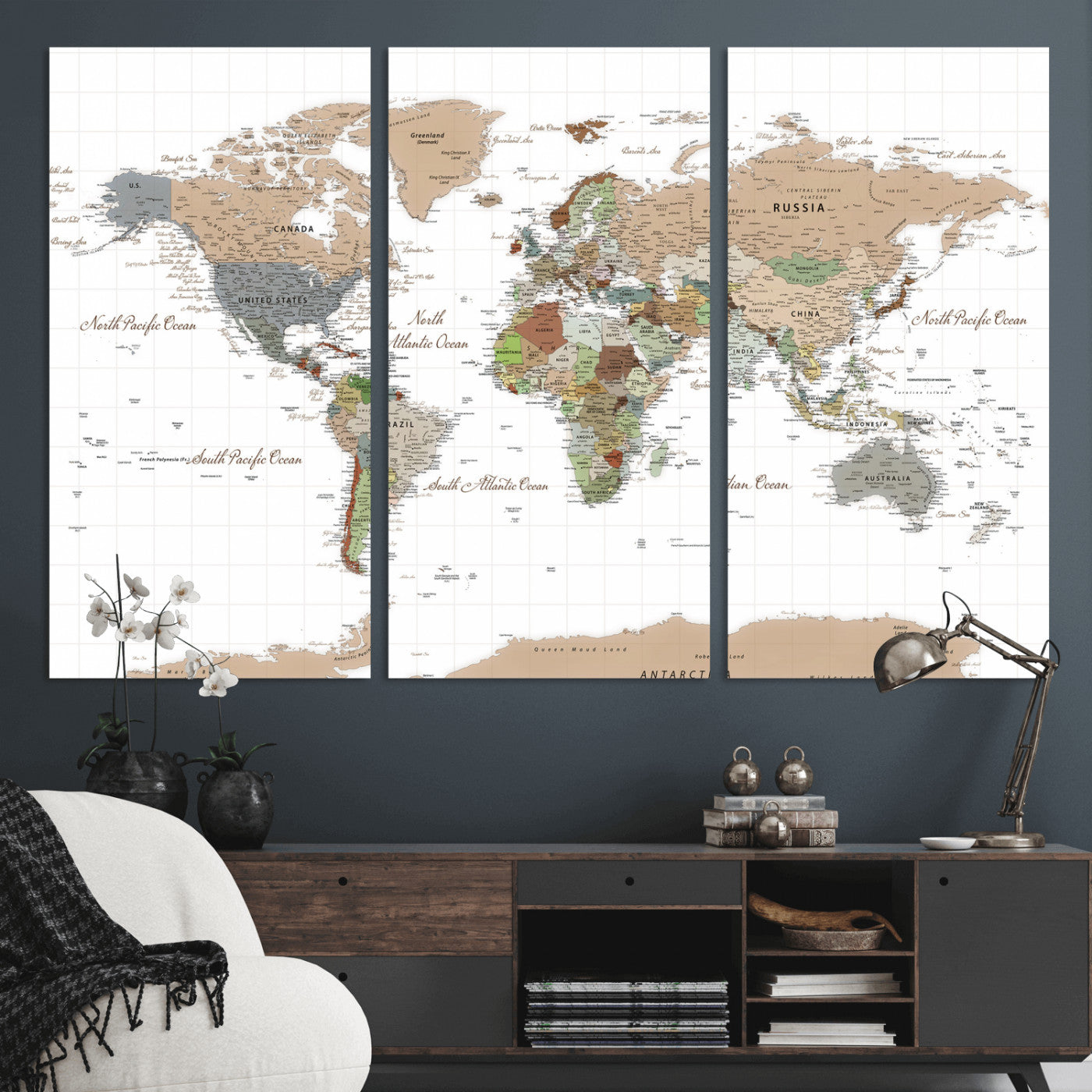 91286788-MGV-CV-36X24 - World Map Wall Art Canvas Print, Modern Decorative Framed Map Artwork Prints for Living Room, Office, Bedroom Wall Decor