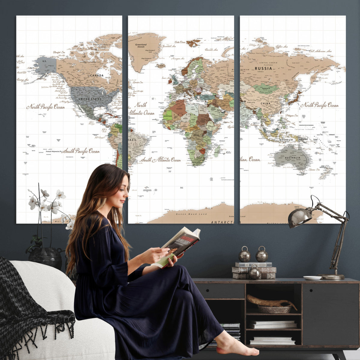 91286788-MGV-CV-36X24 - World Map Wall Art Canvas Print, Modern Decorative Framed Map Artwork Prints for Living Room, Office, Bedroom Wall Decor
